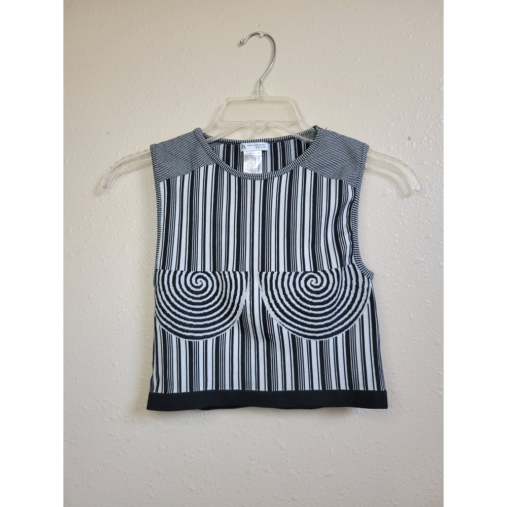 Zara Womens Black White Optical Illusion Knit Crop Top Spiral Stripe Size M L